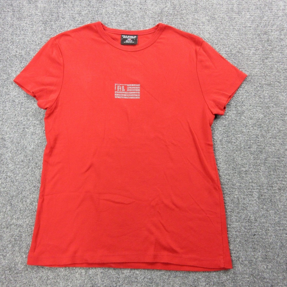 Vintage Polo Jeans‎ Co Ralph Lauren Shirt Womens Large Red Rhinestone USA Flag